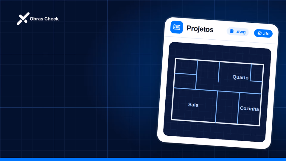 Planta baixa aberta no módulo de Projetos do app Obras Check, com arquivos DWG e IFC
