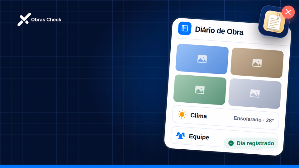 Diário de Obra no app Obras Check com fotos do dia, clima e equipe